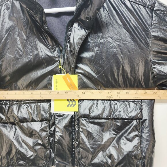 Allmotion Womens Black Shiny Cropped Puffer Jacket With Sherpa Collar Size L - Picture 6 of 8